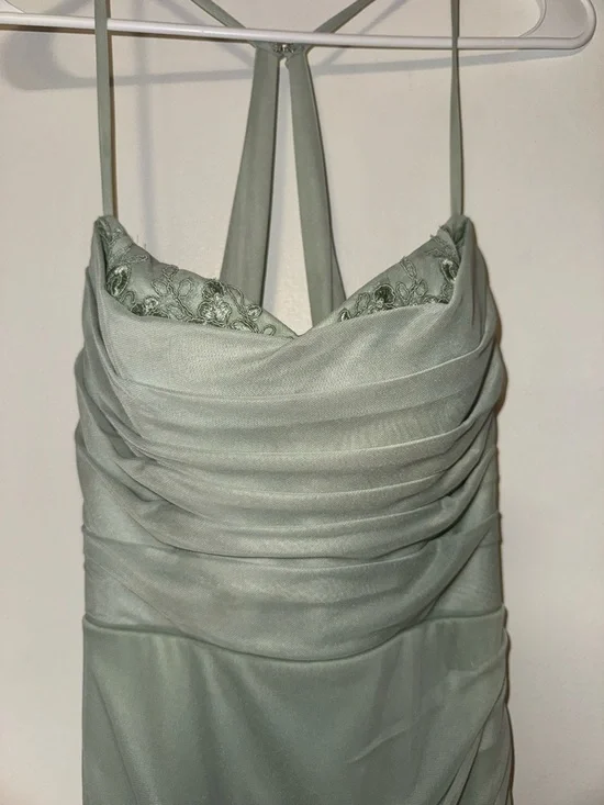 Azazie Dusty Sage Dress Long Ruched Lace Formal Gown - Size 6 - Picture 2 of 5